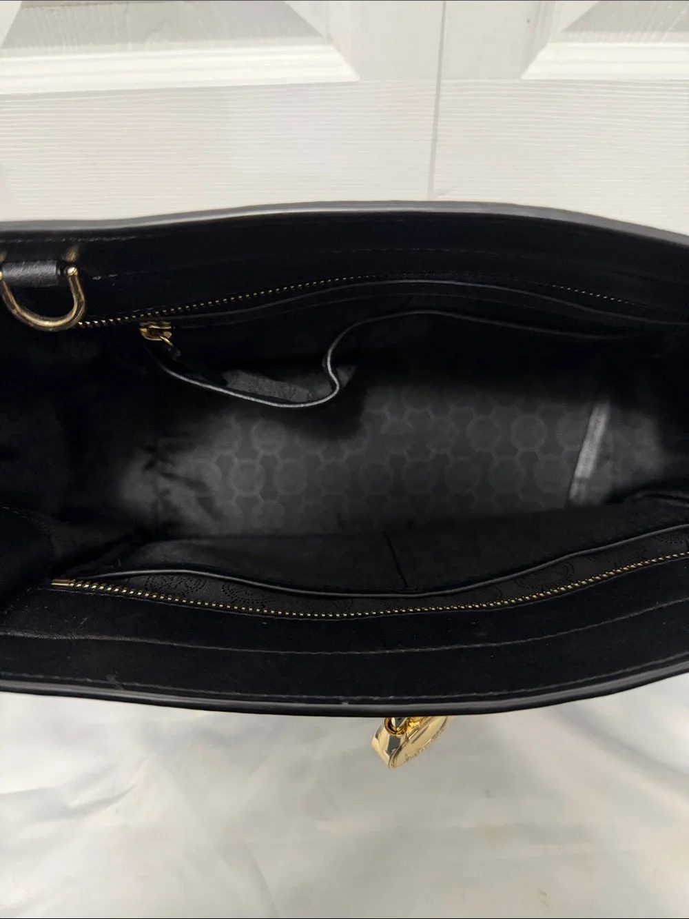 Michael Kors Black Leather Satchel with Gold Accent Charm